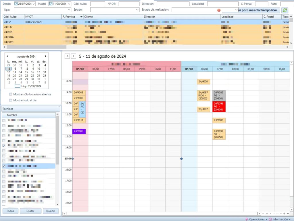 Asignación de avisos y calendario de los técnicos 