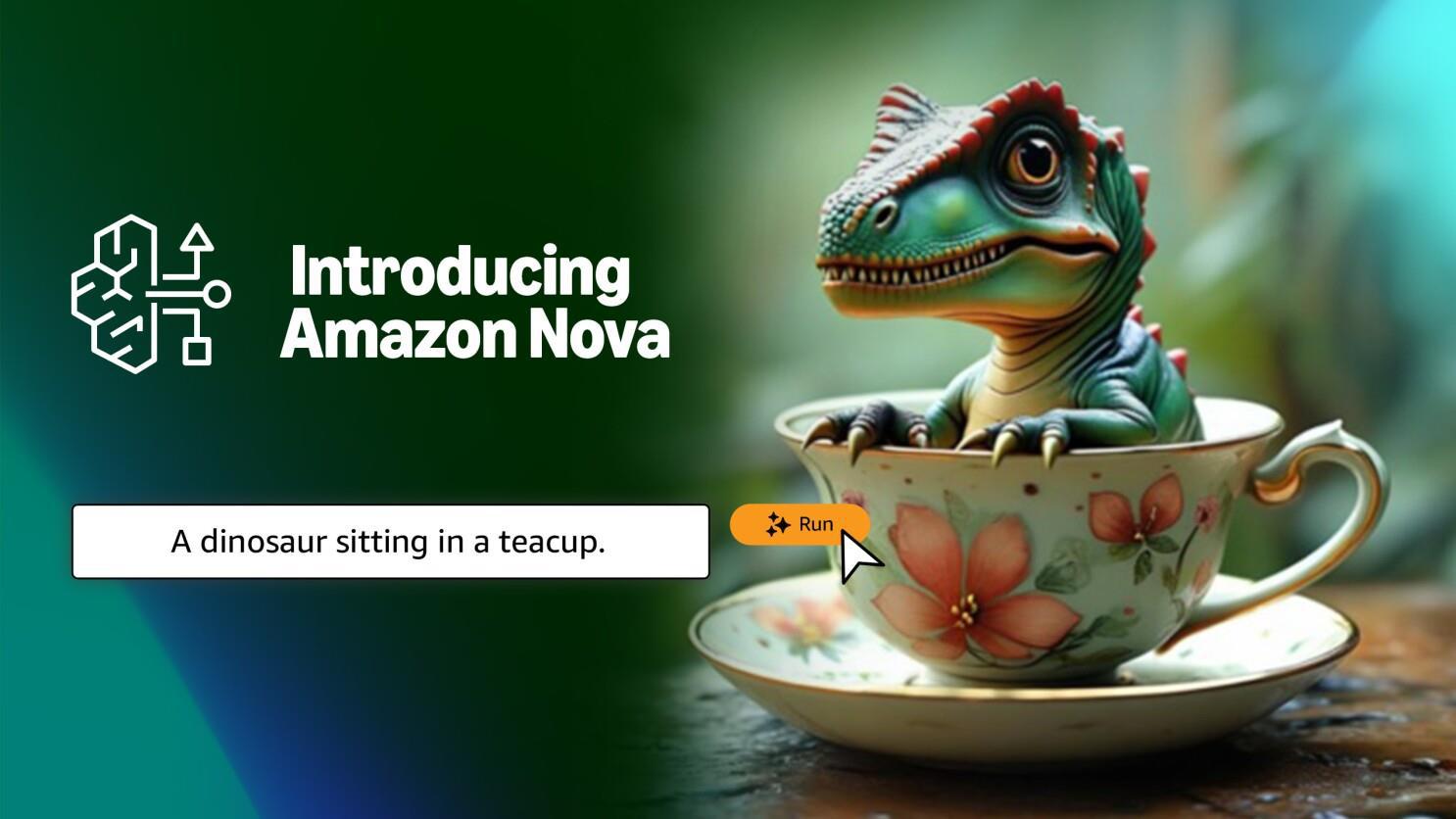 Amazon Nova en acción: Generando imágenes creativas a partir de texto, como este dinosaurio en una taza de té. (Fuente: Amazon) 